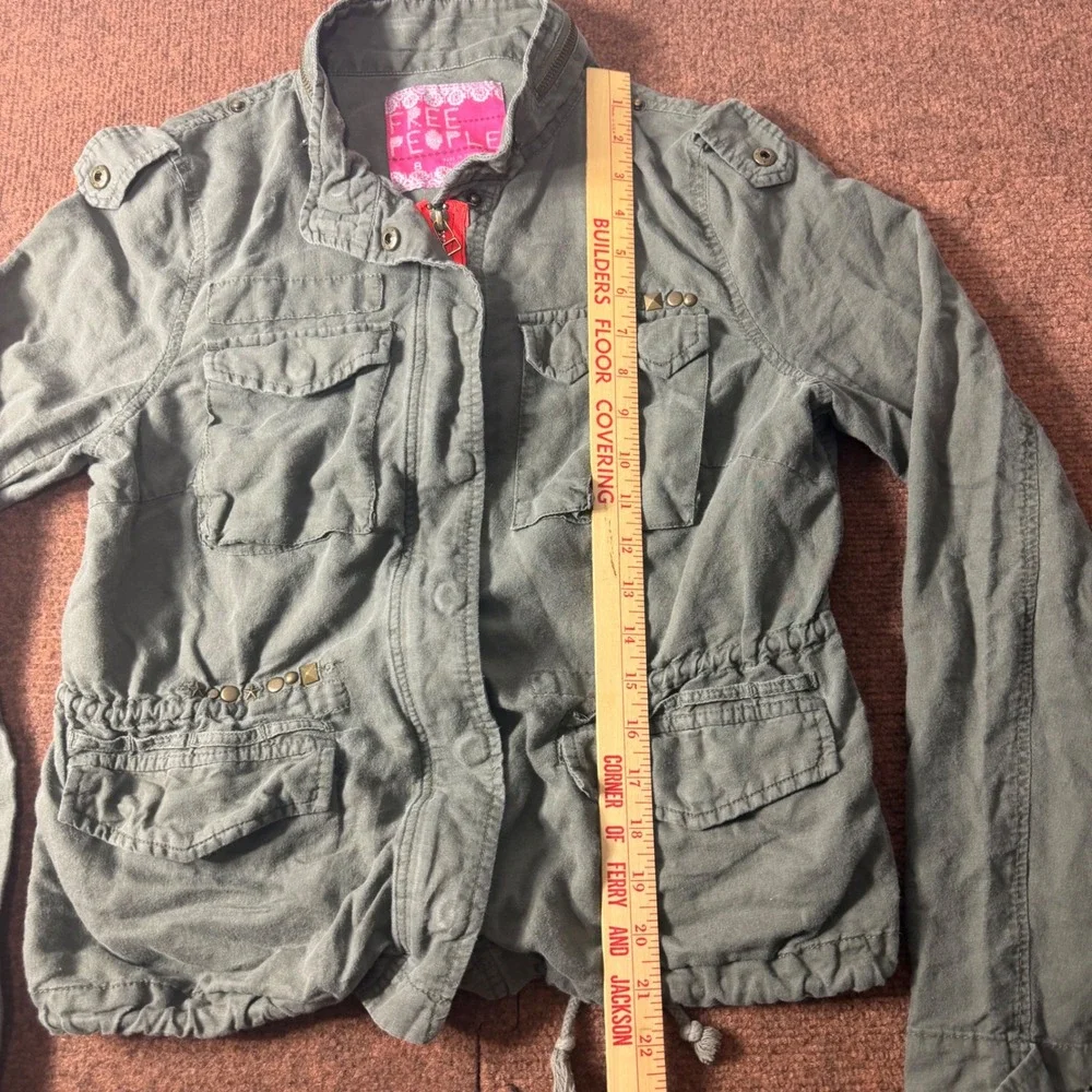 Free People Olive Green Linen Blend Military Utility Field Jacket Studded Size 8